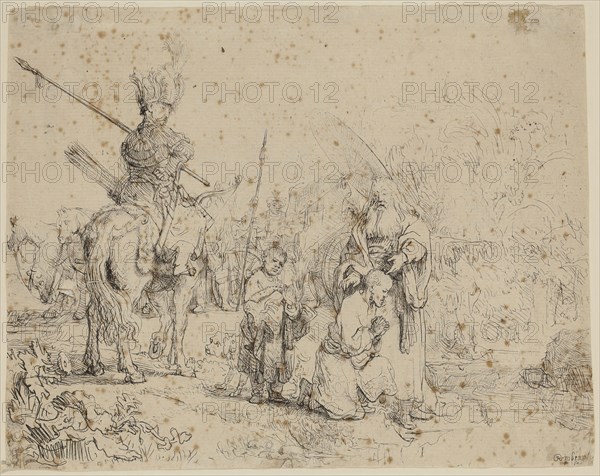 Rembrandt Harmensz van Rijn, Dutch, 1606-1669, Baptism of the Eunuch, 1641, etching printed in black ink on laid paper, Sheet (trimmed within platemark): 6 1/2 × 8 1/8 inches (16.5 × 20.6 cm)