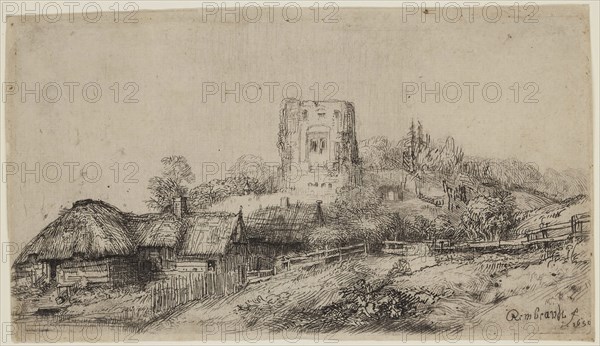 Rembrandt Harmensz van Rijn, Dutch, 1606-1669, Landscape with a Square Tower, 1650, etching and drypoint printed in black ink on laid paper, Plate: 3 1/2 × 6 1/8 inches (8.9 × 15.6 cm)