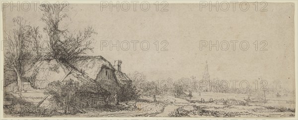 Rembrandt Harmensz van Rijn, Dutch, 1606-1669, Cottage beside a Canal: A View of Diemen, ca. 1645, etching printed in black ink on laid paper, Sheet (trimmed within platemark): 3 1/8 × 7 7/8 inches (7.9 × 20 cm)