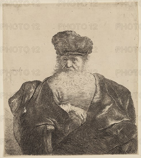 Rembrandt Harmensz van Rijn, Dutch, 1606-1669, Old Man with Beard, Fur Cap, and Velvet Cloak, ca. 1632, etching and engraving printed in black ink on laid paper, Plate: 5 7/8 × 5 1/8 inches (14.9 × 13 cm)