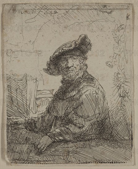 Rembrandt Harmensz van Rijn, Dutch, 1606-1669, Man in an Arbour, 1642, etching printed in black ink on laid paper, Plate: 2 7/8 × 2 1/4 inches (7.3 × 5.7 cm)