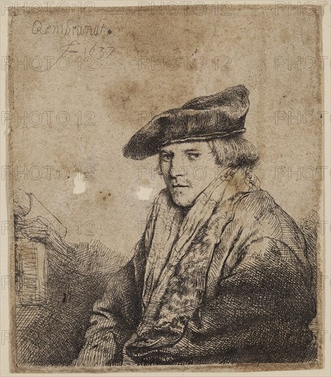 Rembrandt Harmensz van Rijn, Dutch, 1606-1669, Young Man in a Velvet Cap, 1637, etching printed in black ink on wove paper, Plate: 3 3/4 × 3 1/4 inches (9.5 × 8.3 cm)