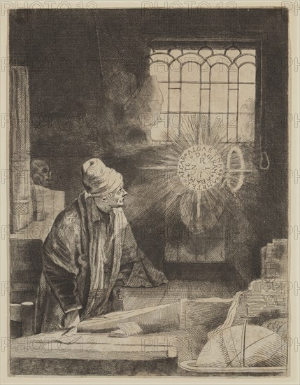 George Bickham, English, ca. 1706-1771, after Rembrandt Harmensz van Rijn, Dutch, 1606-1669, Faust in His Study, Watching a Magic Disk, 18th century, etching printed in black ink on wove paper, Image and sheet (no visible plate mark): 8 1/4 × 6 1/4 inches (21 × 15.9 cm)