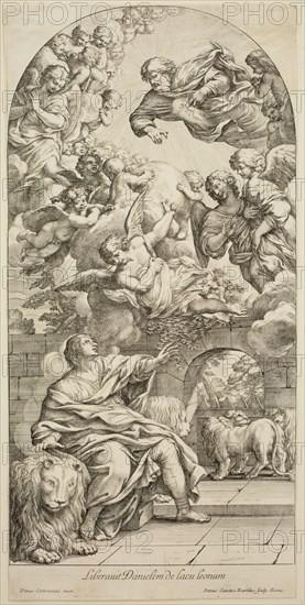 Petrus Sanctus Bartolus, Italian, 1635-1700, after Pietro da Cortona, Italian, 1596-1669, Daniel in the Lion's Den, Mid 17th century, Etching and engraving printed in black on laid paper, image: 16 3/4 x 8 5/8 in.