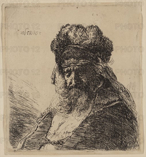 Rembrandt Harmensz van Rijn, Dutch, 1606-1669, Old Bearded Man in a High Fur Cap, ca. 1635, etching printed in black ink on laid paper, Plate: 4 3/8 × 4 inches (11.1 × 10.2 cm)