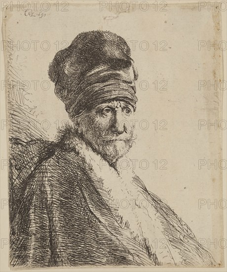 Rembrandt Harmensz van Rijn, Dutch, 1606-1669, Bust of a Man Wearing a High Cap, Three-Quarters Right: The Artist's Father (?), 1630, etching printed in black ink on laid paper, Plate: 4 × 3 1/4 inches (10.2 × 8.3 cm)