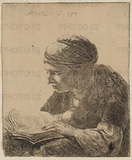 Rembrandt Harmensz van Rijn, Dutch, 1606-1669, Woman Reading, 1634, etching printed in black ink on laid paper, Sheet (trimmed within platemark): 4 3/4 × 3 7/8 inches (12.1 × 9.8 cm)