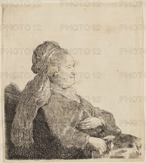 Rembrandt Harmensz van Rijn, Dutch, 1606-1669, The Artist's Mother Seated, in an Oriental Headdress Half Length, 1631, etching printed in black ink on laid paper, Plate: 5 3/4 × 5 1/8 inches (14.6 × 13 cm)