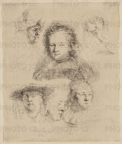 Rembrandt Harmensz van Rijn, Dutch, 1606-1669, Studies of the Head of Saskia and Others, 1636, etching printed in black ink on laid paper, Plate: 6 × 5 inches (15.2 × 12.7 cm)