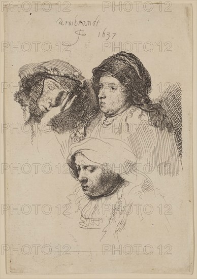 Rembrandt Harmensz van Rijn, Dutch, 1606-1669, Three Heads of Women, 1637, etching printed in black ink on laid paper, Plate: 5 1/2 × 3 3/4 inches (14 × 9.5 cm)
