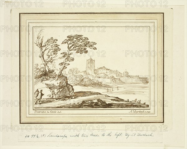 Adam von Bartsch, Austrian, 1756-1821, after Guercino (Giovanni Francesco Barbieri), Italian, 1591-1666, Landscape with Two Trees at the Left, 1783, etching printed in brown ink on laid paper, Plate: 8 3/4 × 11 5/8 inches (22.2 × 29.5 cm)