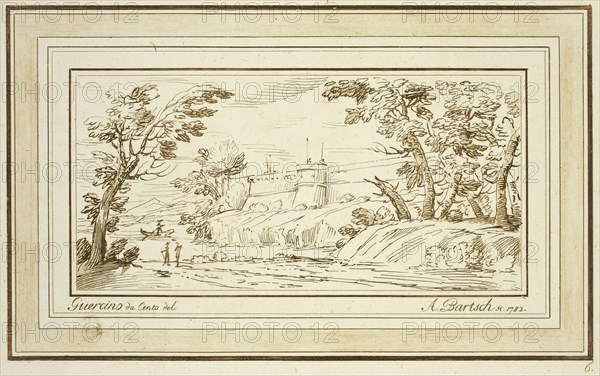 Adam von Bartsch, Austrian, 1756-1821, after Guercino (Giovanni Francesco Barbieri), Italian, 1591-1666, Landscape with Fortress on River Bank, 1783, etching printed in brown ink on laid paper, Plate: 6 1/2 × 10 inches (16.5 × 25.4 cm)