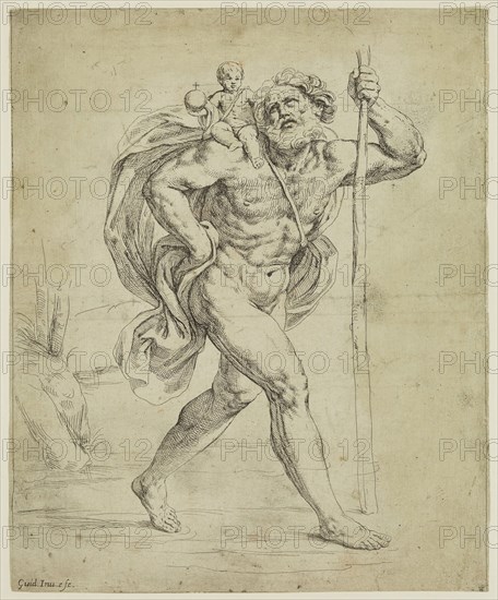 Guido Reni, Italian, 1575-1642, Saint Christopher, between 16th and 17th century, etching printed in black ink on laid paper, Sheet (trimmed within plate mark): 10 1/8 × 8 3/8 inches (25.7 × 21.3 cm)