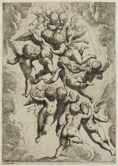 Guido Reni, Italian, 1575-1642, after Luca Cambiaso, Italian, 1527-1585, Angels in Glory, between 16th and 17th century, etching printed in black ink on laid paper, Sheet (trimmed within plate mark): 15 1/2 × 11 inches (39.4 × 27.9 cm)