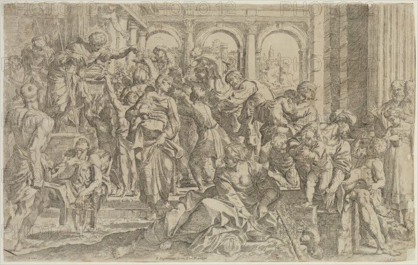 Guido Reni, Italian, 1575-1642, after Annibale Carracci, Italian, 1560-1609, Saint Roch Distributing Alms to the Poor, 1610, etching printed in black ink on laid paper, Sheet (trimmed within plate mark): 11 3/8 × 18 1/8 inches (28.9 × 46 cm)