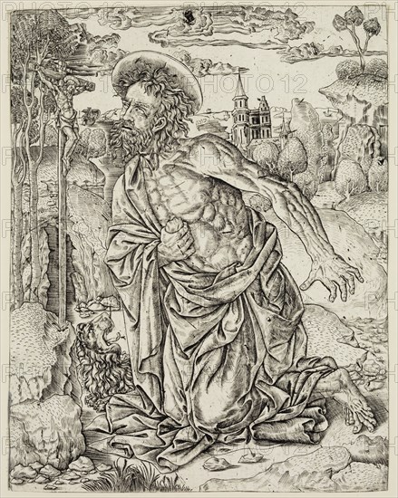 Unknown (Italian), Saint Jerome in Penitence, ca. 1500, engraving printed in black ink on laid paper, Sheet (trimmed within plate mark): 8 5/8 × 6 3/4 inches (21.9 × 17.1 cm)