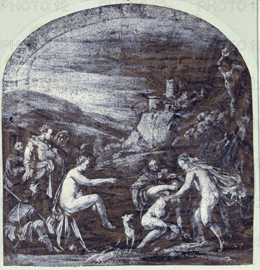 circle of Adam Elsheimer, German, 1574-1620, Diana and Callisto, between 1606 and 1608, white lead gouache and black wash on laid paper, Sheet: 7 3/8 × 7 inches (18.7 × 17.8 cm)