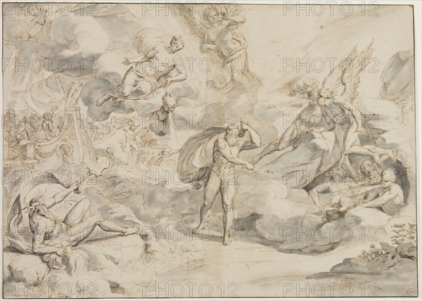 Raymond La Fage, French, 1656-1690, Aeolus Obeying Juno's Command to Create a Storm, ca. between 1683 and 1684, pen and brown ink with brush and gray ink and gray wash over graphite on cream laid paper, Sheet: 16 13/16 × 23 1/4 inches (42.7 × 59.1 cm)