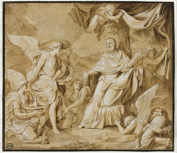 Louis Licherie, French, 1629-1687, Angels Ministering to Christ, mid-17th century, brush and brown ink and ink wash over graphite, heightened with white, on heavy cream paper, Image: 10 × 11 9/16 inches (25.4 × 29.4 cm)