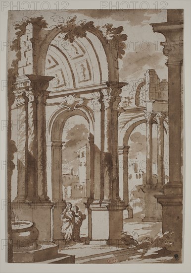 manner of Francesco Galli Bibiena, Italian, 1659-1739, Ruins of a Building with Two Women, 18th century, pen and brown wash over a preliminary drawing in graphite on cream laid paper, Sheet: 12 1/8 × 8 7/16 inches (30.8 × 21.4 cm)