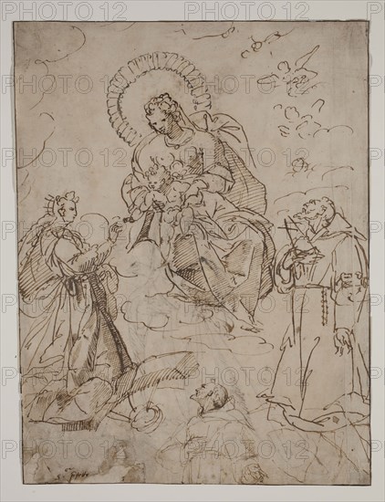 Unknown (Italian), The Mystic Marriage of Saint Catherine of Alexandria with Francis of Assisi, ca. 1600, pen and brown ink on tan wove paper, Sheet: 11 7/16 × 8 11/16 inches (29.1 × 22.1 cm)