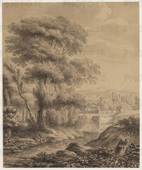 Luigi Gasparini, Italian, 1779-1814, Classical Landscape with a City, between late 18th and early 19th century, pen and black ink and gray wash over a preliminary drawing in graphite on buff wove paper, Sheet: 15 3/16 × 12 9/16 inches (38.6 × 31.9 cm)