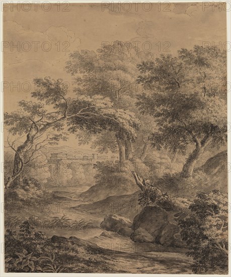 Luigi Gasparini, Italian, 1779-1814, Classical Landscape with a Distant City, 1770, pen and black ink and gray wash on buff antique laid paper, Sheet: 15 5/16 × 12 3/4 inches (38.9 × 32.4 cm)