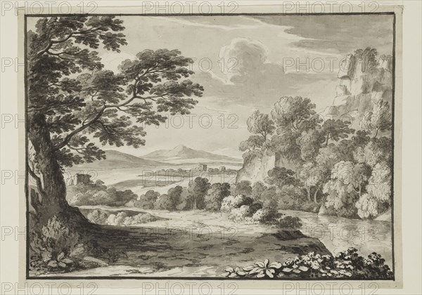 Luigi Gasparini, Italian, 1779-1814, Landscape after Claude, 18th century, pen and gray ink and gray wash and brush and black ink over graphite on buff antique laid paper, Sheet: 8 5/16 × 11 3/8 inches (21.1 × 28.9 cm)