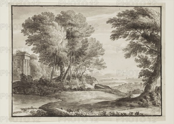 Luigi Gasparini, Italian, 1779-1814, Landscape with a Classical Temple, after Claude, between late 18th and early 19th century, pen and brown-gray ink and wash with brush and black ink over graphite on buff antique laid paper, Sheet: 8 9/16 × 11 5/16 inches (21.7 × 28.7 cm)
