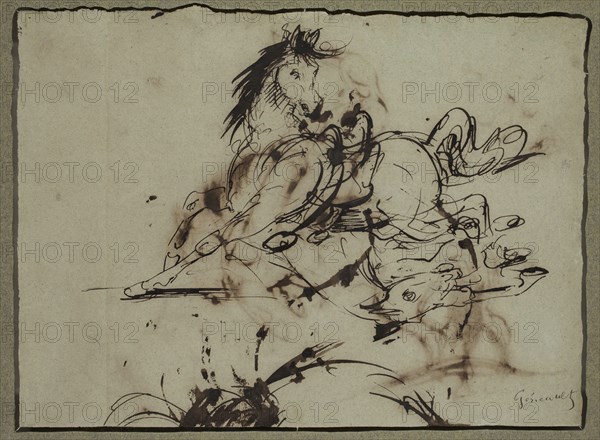 attributed to Théodore Géricault, French, 1791-1824, Frightened Horse, between late 18th and early 19th century, pen and brown ink on gray-green laid paper, Sheet: 9 1/8 × 12 1/4 inches (23.2 × 31.1 cm)