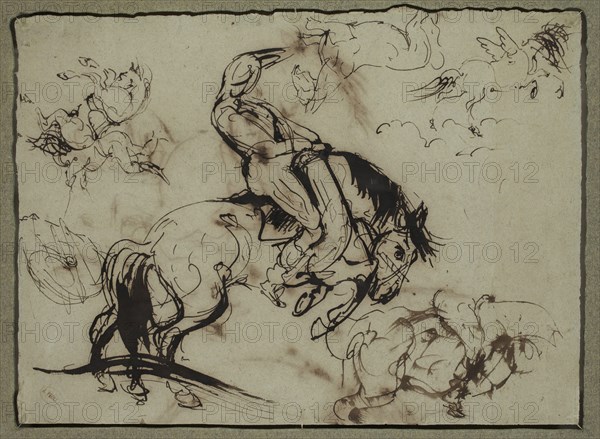 attributed to Théodore Géricault, French, 1791-1824, Horses and Riders, 19th century, pen and brown ink on gray-green laid paper, Sheet: 9 1/8 × 12 1/4 inches (23.2 × 31.1 cm)