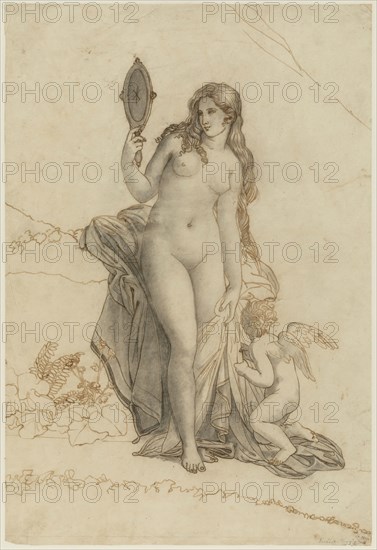 school of Anne Louis Girodet de Rouchy Trioson, French, 1767-1824, Aphrodite, between late 18th and early 19th century, pen and brown ink and gray wash with black chalk on yellow ivory tracing paper, Sheet: 18 7/8 × 12 7/8 inches (47.9 × 32.7 cm)