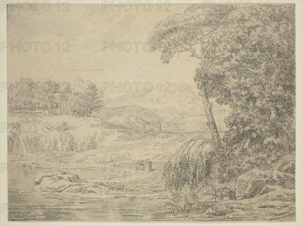 Giovanni Francesco Grimaldi, Italian, 1606-1680, Two Figures at Shrine, between 1606 and 1680, graphite pencil on heavy cream laid paper (possibly on very thin paper fully mounted to the heavy laid paper), Sheet: 9 1/2 × 12 5/8 inches (24.1 × 32.1 cm)