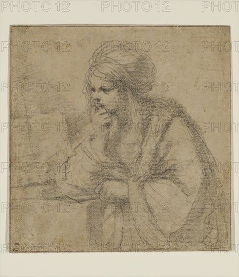 Guercino (Giovanni Francesco Barbieri), Italian, 1591-1666, Girl Reading, 17th century, black chalk on buff laid paper, Sheet: 8 3/16 × 8 inches (20.8 × 20.3 cm)