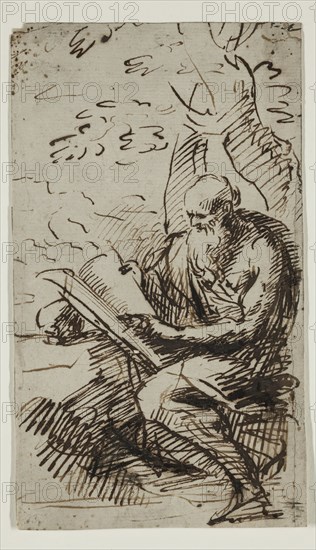 circle of Bartolomé Esteban Murillo, Spanish, 1617-1682, Saint Jerome in the Wilderness, after 1650, pen and brown ink on buff laid paper, Sheet: 7 5/16 × 4 3/16 inches (18.6 × 10.6 cm)