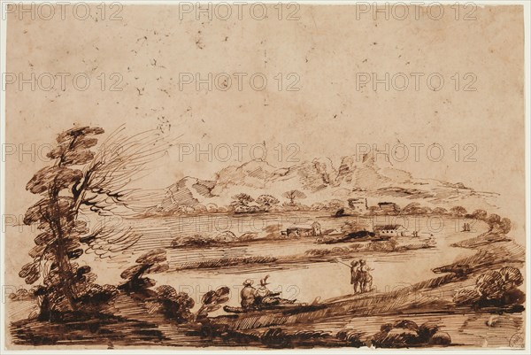Unknown (Italian), after Guercino (Giovanni Francesco Barbieri), Italian, 1591-1666, Landscape with Figures, 18th century, pen and brown ink on thin cream laid paper, Sheet: 11 1/16 × 16 1/2 inches (28.1 × 41.9 cm)