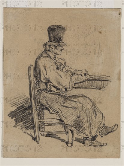 Charles Émile Jacque, French, 1813-1894, Old Man Seated at a Table, 19th century, graphite pencil on tan paper, Sheet: 5 1/4 × 4 1/16 inches (13.3 × 10.3 cm)