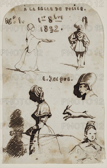Charles Émile Jacque, French, 1813-1894, At the Police Station, 19th century, pen and brush and ink, Sheet (irregular): 5 7/8 × 3 3/4 inches (14.9 × 9.5 cm)