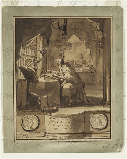 Jan Goeree, Dutch, 1670-1731, Aulus Gellius Finishing The Attic Nights, ca. 1706, pen and brown ink and brown wash, brush and gray ink, and red chalk on buff laid paper, Sheet: 8 3/8 × 6 5/8 inches (21.3 × 16.8 cm)