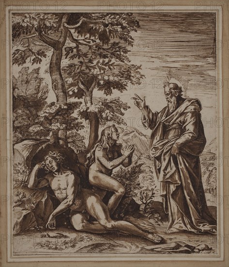 Giovanni Lanfranco, Italian, 1581-1647, The Creation of Eve, between late 16th and mid-17th century, pen and brush and brown ink over graphite on paper mounted to a sheet of heavy cream laid which is drawn with elaborate French margins, Image: 11 1/8 × 9 3/8 inches (28.3 × 23.8 cm)