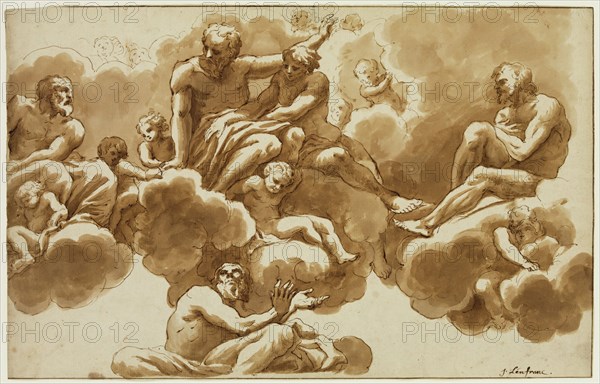Nicolas Pierre Loir, French, 1624-1679, Saint John the Evangelist and Part of His Vision, ca. between 1647 and 1649, pen and brown ink with brown wash over graphite on cream antique laid paper, Sheet: 10 13/16 × 16 7/8 inches (27.5 × 42.9 cm)