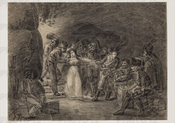 Hippolyte Lecomte, French, 1781-1857, Scene with Bandit, between late 18th and mid-19th century, black crayon on laid paper, Sheet: 7 × 9 5/16 inches (17.8 × 23.7 cm)