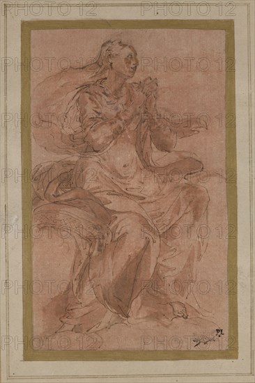 Study for the Figure of the Virgin, Presbytery Frescoes, Parma Cathedral, between 1538 and 1544, pen and ink and wash over traces of charcoal (?) heightened with white gouache on pink prepared paper, Sheet: 6 3/16 × 3 3/4 inches (15.7 × 9.5 cm)