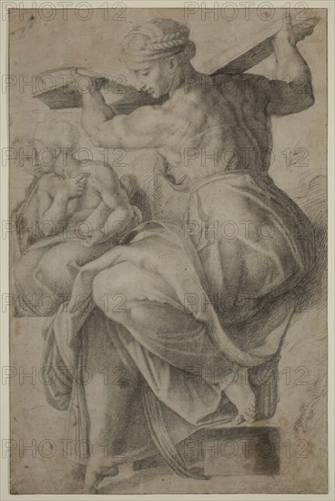 Unknown (Italian), after Michelangelo, Italian, 1475-1564, Libyan Sibyl, ca. between 1573 and 1600, black chalk on dark cream antique laid paper, Sheet: 16 1/16 × 10 inches (40.8 × 25.4 cm)
