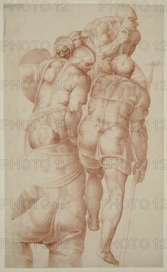 Unknown (Italian), after Michelangelo, Italian, 1475-1564, A Group of Soldiers from the Crucifixion of Saint Peter, after 1550, red chalk over a preliminary drawing in black chalk on cream antique laid paper, Sheet: 16 × 9 5/8 inches (40.6 × 24.4 cm)