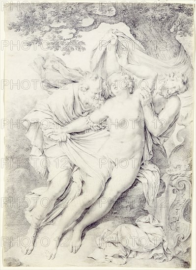 Willem van Mieris, Dutch, 1662-1747, Susannah and the Elders, between 1662 and 1747, black chalk on parchment, Sheet: 10 3/4 × 7 5/8 inches (27.3 × 19.4 cm)