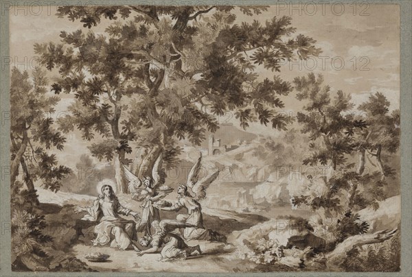 Unknown (French), Landscape with Christ in the Wilderness Ministered to by Angels, ca. 1680, pen and brown ink and brown wash over traces of black chalk, with white, on cream laid paper, Sheet: 6 7/8 × 10 inches (17.5 × 25.4 cm)