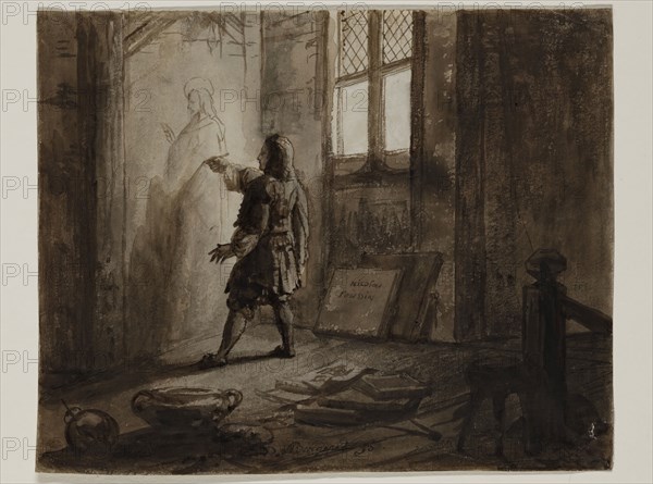 Pierre Nolasque Bergeret, French, 1782-1863, N. Poussin in his Studio, 19th century, pen and brush and brown ink over graphite or black chalk on cream wove paper, Sheet: 6 5/16 × 7 7/8 inches (16 × 20 cm)