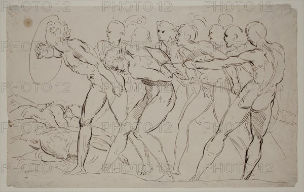 Unknown (Italian), after Raphael, Italian, 1483-1520, Battle Scene with Captives, 19th century, pen and brown ink on cream wove paper, Sheet (irregular): 9 5/8 × 15 1/4 inches (24.4 × 38.7 cm)