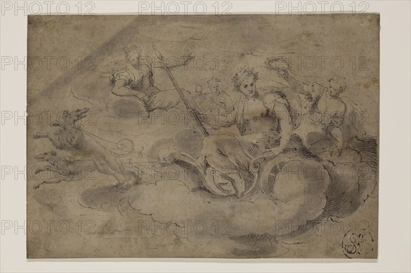 Unknown (Italian), Goddess Drawn in Chariot by Two Dogs, 17th century, pen and brush, black ink and wash on a severely discolored sheet of paper fully mounted to a sheet of heavy wove paper, Sheet: 7 3/16 × 10 1/4 inches (18.3 × 26 cm)